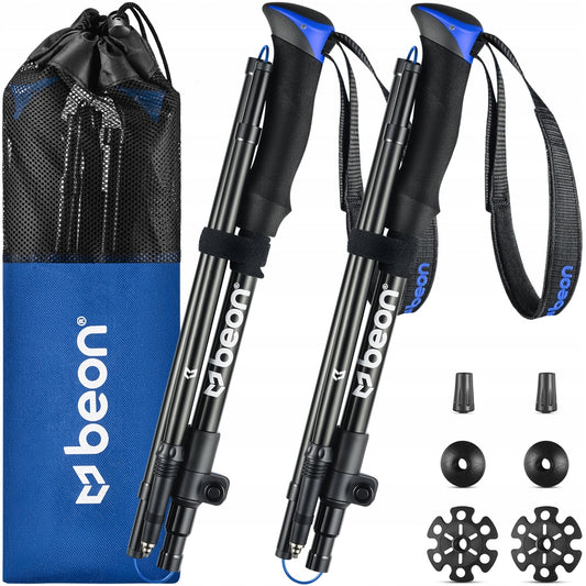 Sulankstomos reguliuojamos trekingo lazdos Beon Fold Lite Blue 110–130 cm – aliuminio, su dėklu ir antgaliais