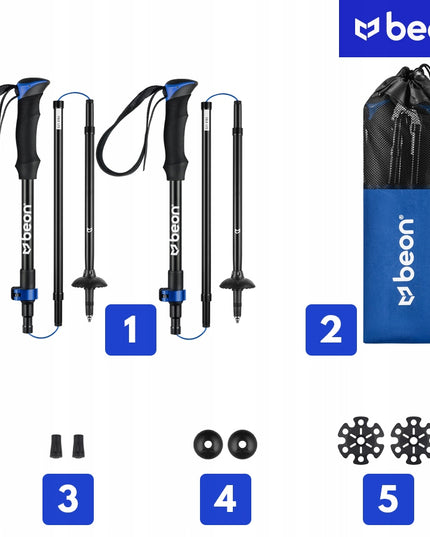 Sulankstomos reguliuojamos trekingo lazdos Beon Fold Lite Blue 110–130 cm – aliuminio, su dėklu ir antgaliais