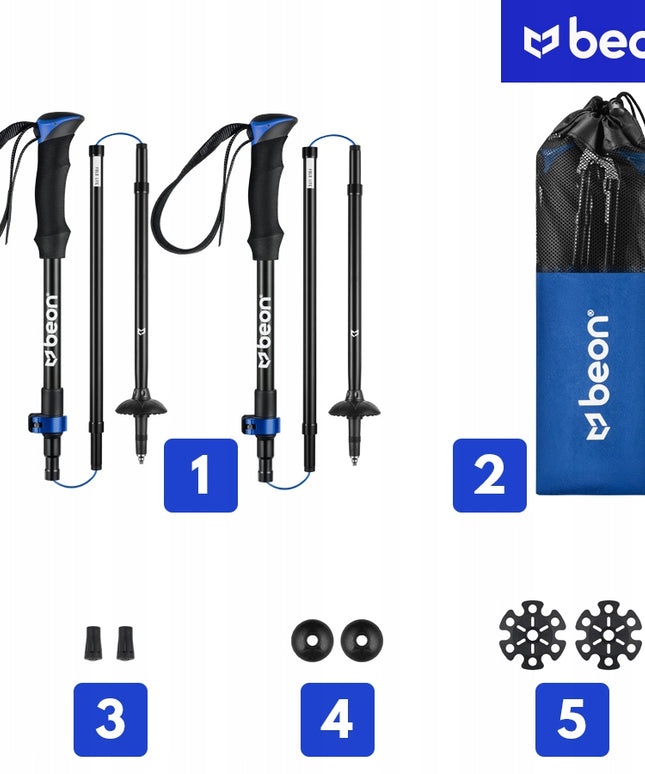 Sulankstomos reguliuojamos trekingo lazdos Beon Fold Lite Blue 110–130 cm – aliuminio, su dėklu ir antgaliais