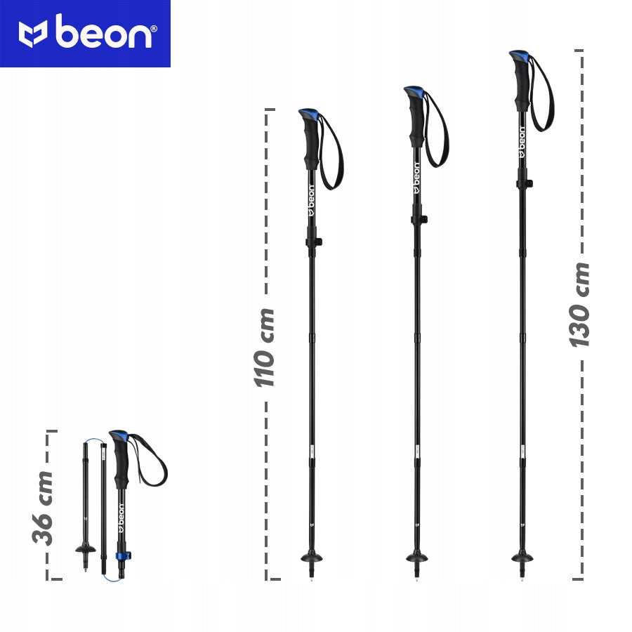 Sulankstomos reguliuojamos trekingo lazdos Beon Fold Lite Blue 110–130 cm – aliuminio, su dėklu ir antgaliais