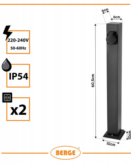 Berge elektrinis sodo šviestuvas-stulpas su 2 hermetiškais lizdais, 60 cm, 16 A