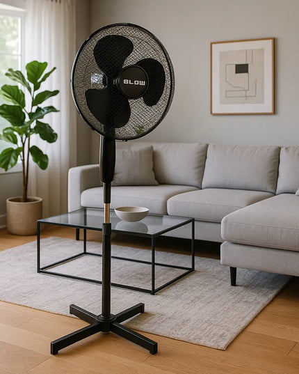 BLOW Grindinis pastatomas ventiliatorius, 55W, 40cm, su reguliuojamu aukščiu ir osciliacija, juodas