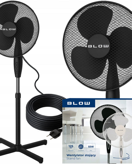 BLOW Grindinis pastatomas ventiliatorius, 55W, 40cm, su reguliuojamu aukščiu ir osciliacija, juodas