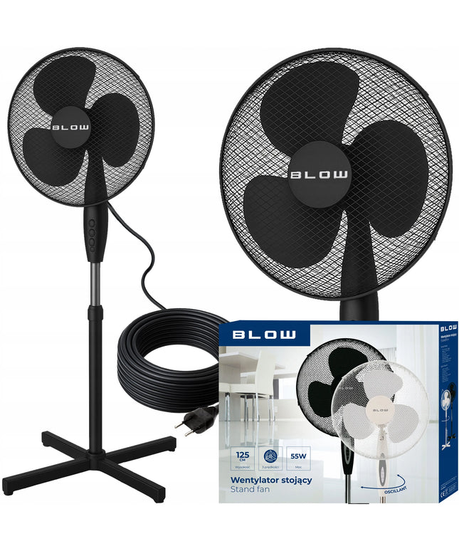 BLOW Grindinis pastatomas ventiliatorius, 55W, 40cm, su reguliuojamu aukščiu ir osciliacija, juodas