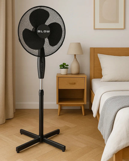 BLOW Grindinis pastatomas ventiliatorius, 55W, 40cm, su reguliuojamu aukščiu ir osciliacija, juodas