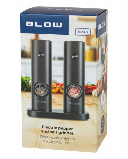 BLOW SP-01 elektrinių prieskonių malūnėlių rinkinys: 2 vnt. su stovu ir reguliavimu