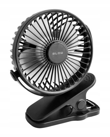 BLOW stalinis mini ventiliatorius su spaustuku, USB, tylus, nešiojamas su akumuliatoriumi, 3 režimai, juodas