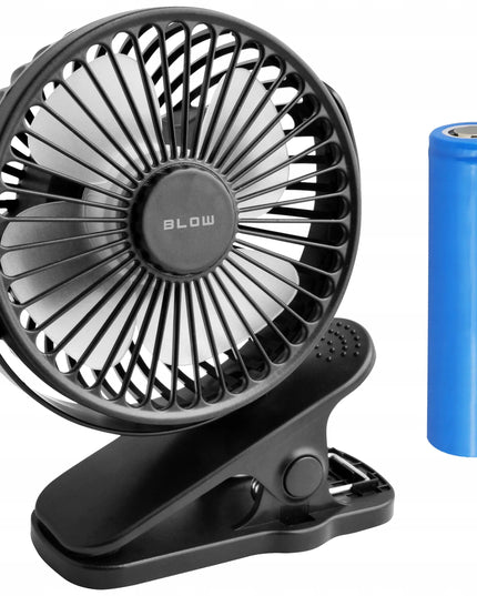 BLOW stalinis mini ventiliatorius su spaustuku, USB, tylus, nešiojamas su akumuliatoriumi, 3 režimai, juodas