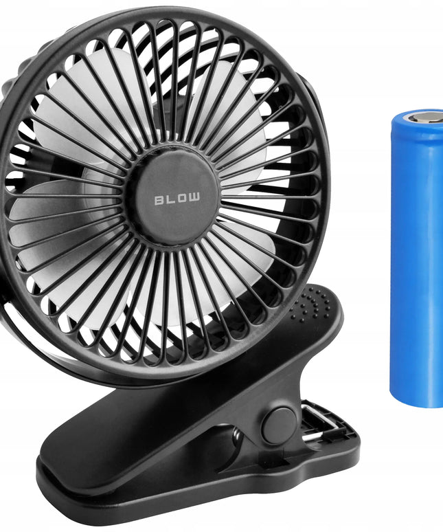 BLOW stalinis mini ventiliatorius su spaustuku, USB, tylus, nešiojamas su akumuliatoriumi, 3 režimai, juodas