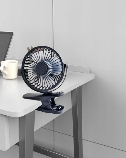 BLOW stalinis mini ventiliatorius su spaustuku, USB, tylus, nešiojamas su akumuliatoriumi, 3 režimai, juodas