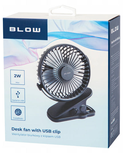BLOW stalinis mini ventiliatorius su spaustuku, USB, tylus, nešiojamas su akumuliatoriumi, 3 režimai, juodas