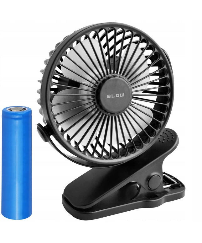 BLOW stalinis mini ventiliatorius su spaustuku, USB, tylus, nešiojamas su akumuliatoriumi, 3 režimai, juodas