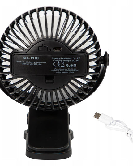 BLOW stalinis mini ventiliatorius su spaustuku, USB, tylus, nešiojamas su akumuliatoriumi, 3 režimai, juodas