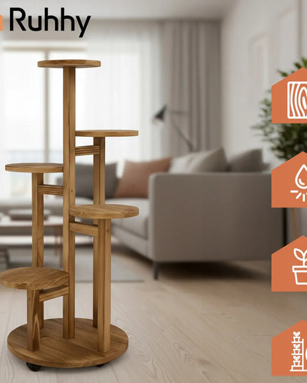 Pastatomas gėlių stovas Ruhhy 86 cm medinis su ratukais, 6 pakopų