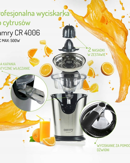 Camry CR 4006 profesionali citrusinių vaisių sulčiaspaudė 500W – tylus veikimas, 2 kūgiai, nerūdijančio plieno korpusas