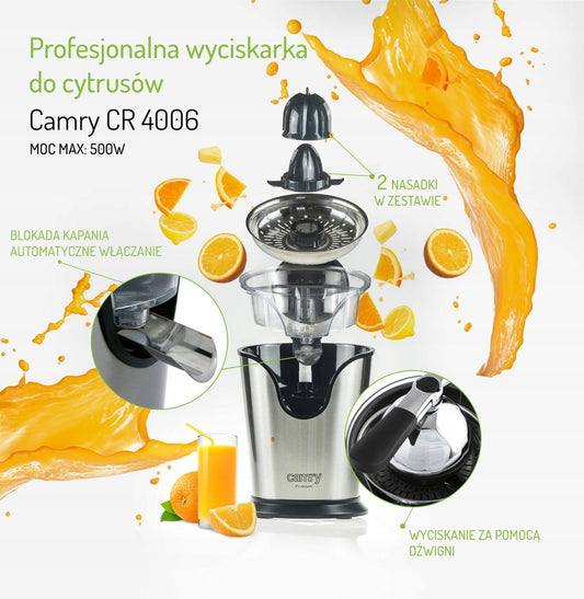 Camry CR 4006 profesionali citrusinių vaisių sulčiaspaudė 500W – tylus veikimas, 2 kūgiai, nerūdijančio plieno korpusas