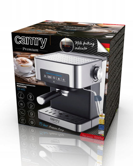 Camry CR 4410 slėginis kavos aparatas 15 bar – espreso ir kapučino paruošimas, 1600 ml talpa, metalinis korpusas