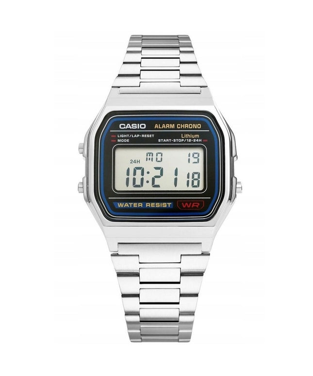 CASIO A158WA-1DF laikrodis Unisex + dėžutė – retro klasika, LED pašvietimas, chronometras, 12/24h formatas