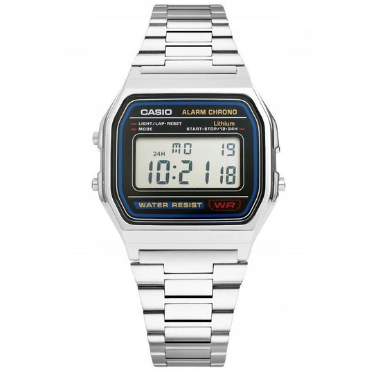 CASIO A158WA-1DF laikrodis Unisex + dėžutė – retro klasika, LED pašvietimas, chronometras, 12/24h formatas