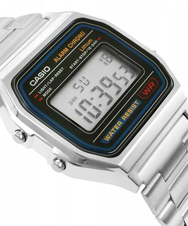 CASIO A158WA-1DF laikrodis Unisex + dėžutė – retro klasika, LED pašvietimas, chronometras, 12/24h formatas