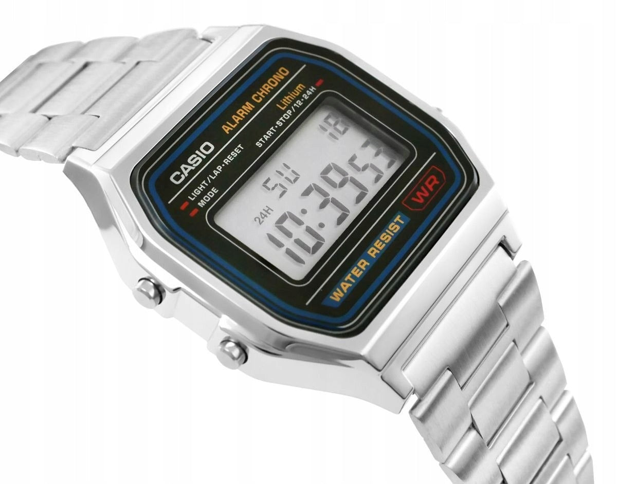 CASIO A158WA-1DF laikrodis Unisex + dėžutė – retro klasika, LED pašvietimas, chronometras, 12/24h formatas