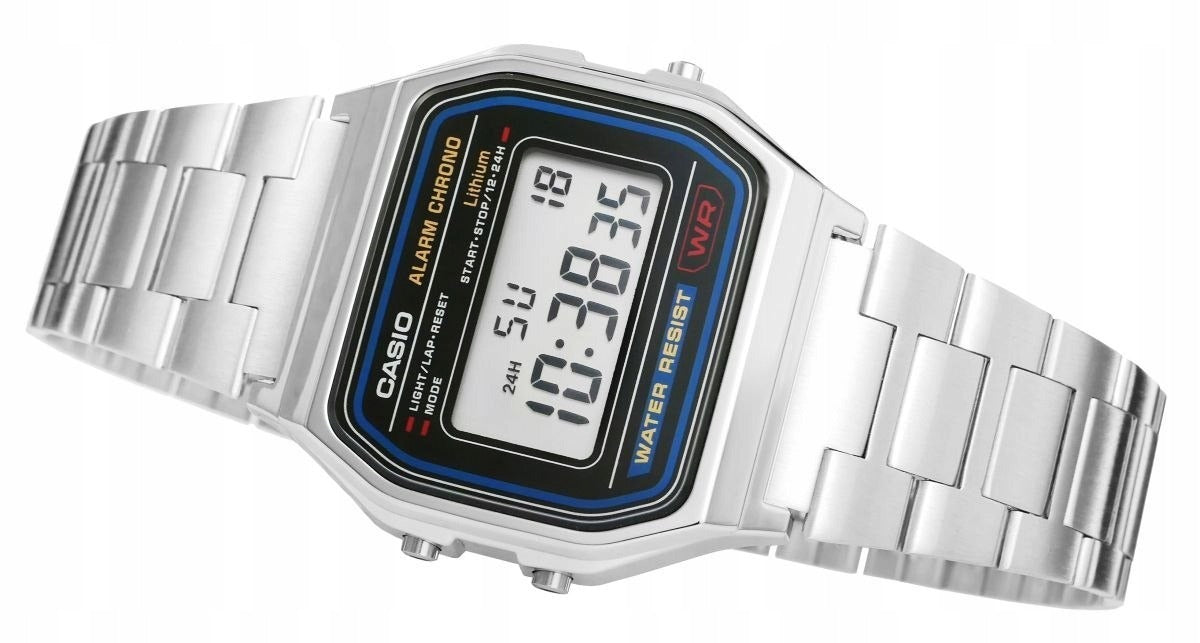 CASIO A158WA-1DF laikrodis Unisex + dėžutė – retro klasika, LED pašvietimas, chronometras, 12/24h formatas