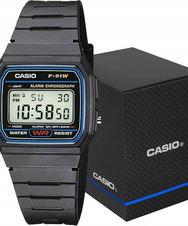 Casio F-91W-1YEG vyriškas laikrodis – klasikinis kvarcinis skaitmeninis laikrodis su žadintuvu, chronometru ir LED apšvietimu