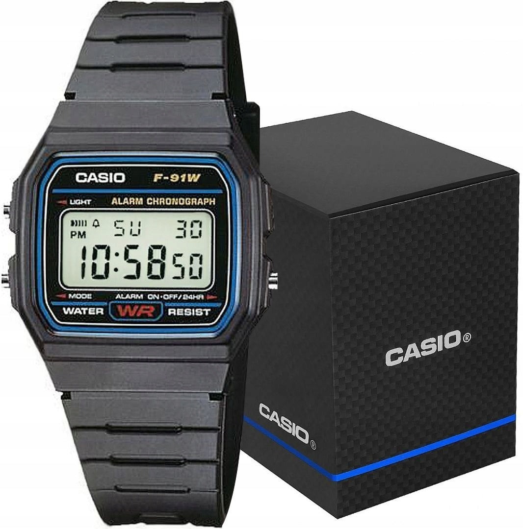 Casio F-91W-1YEG vyriškas laikrodis – klasikinis kvarcinis skaitmeninis laikrodis su žadintuvu, chronometru ir LED apšvietimu