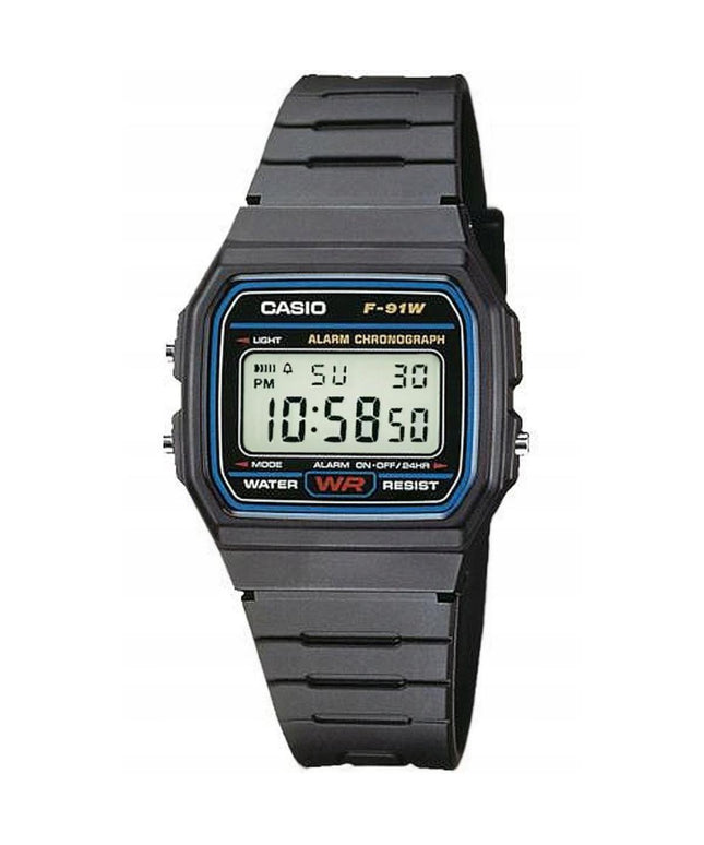 Casio F-91W-1YEG vyriškas laikrodis – klasikinis kvarcinis skaitmeninis laikrodis su žadintuvu, chronometru ir LED apšvietimu