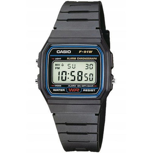 Casio F-91W-1YEG vyriškas laikrodis – klasikinis kvarcinis skaitmeninis laikrodis su žadintuvu, chronometru ir LED apšvietimu