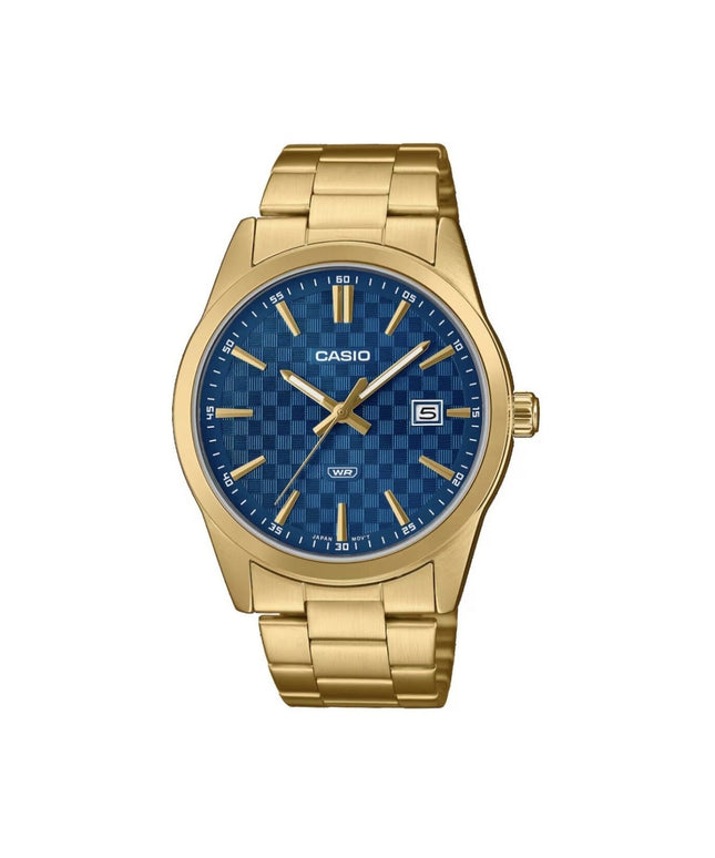 Vyriškas laikrodis CASIO MTP-VD03G-2AUDF – mėlynas ciferblatas su tekstūra, auksinė apyrankė, data, WR, originali dėžutė