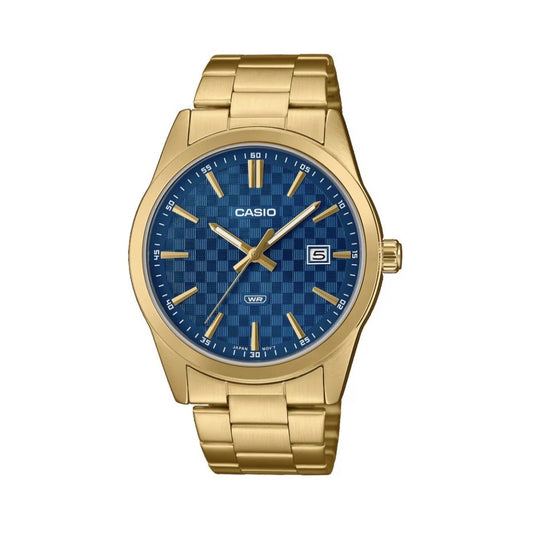 Vyriškas laikrodis CASIO MTP-VD03G-2AUDF – mėlynas ciferblatas su tekstūra, auksinė apyrankė, data, WR, originali dėžutė