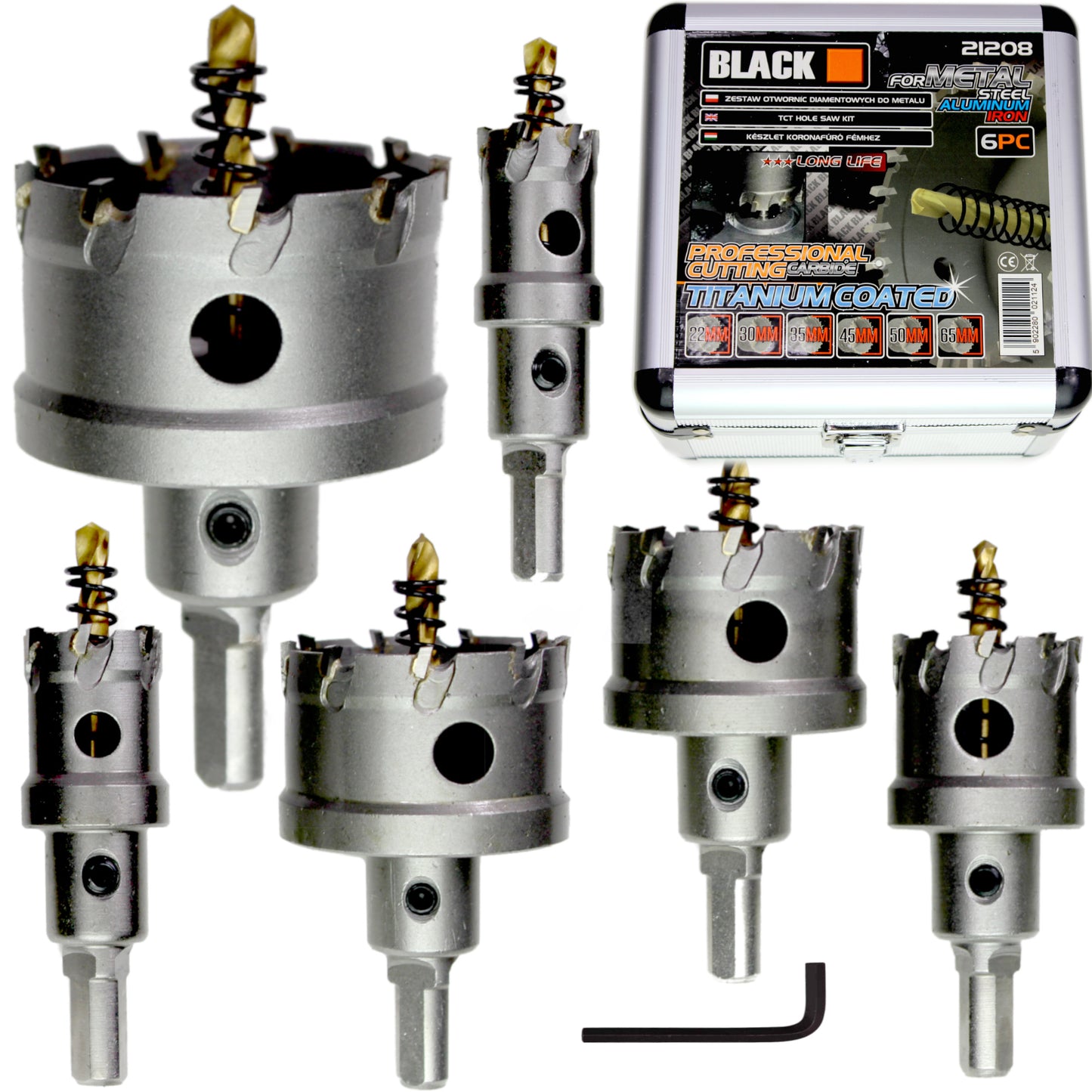 Karbidinės skylamušės / karūnos grąžtai metalui 22-65 mm 6 vnt. BLACK