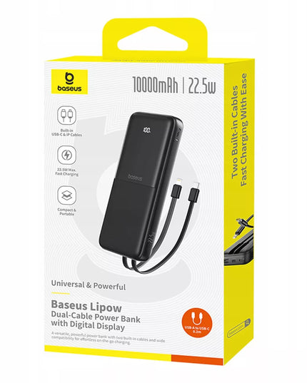 BASEUS išorinė baterija 10000mAh 22.5W USB-C USB-A su įmontuotais USB-C ir Lightning kabeliais