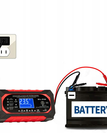 Automatinis automobilio akumuliatorių įkroviklis BLOW 12 V / 24 V, 10 A, su remonto funkcija ir LCD ekranu