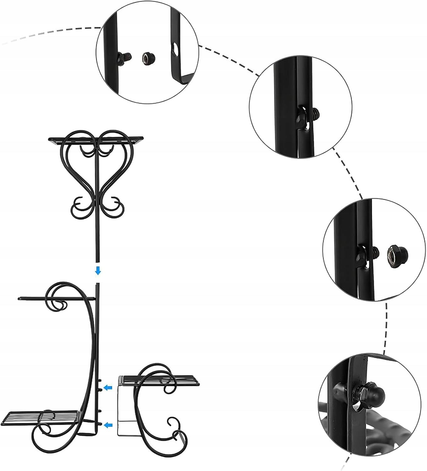Juodas metalinis gėlių stovas su 4 lentynomis, vazonams ir augalams, lofto stiliaus