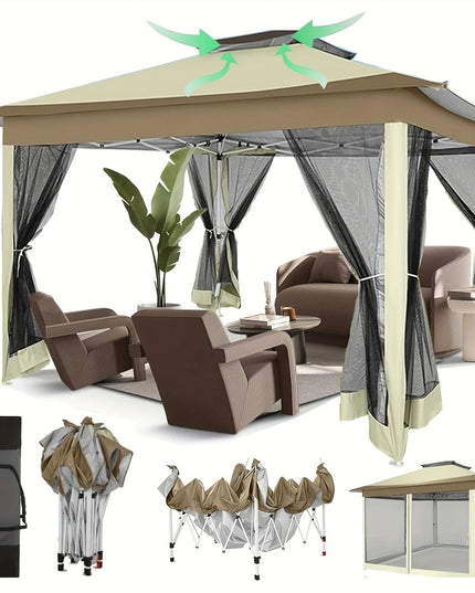 Chaki spalvos lauko pavėsinė 3.66x3.66 m su tinkleliais, UV apsauga, dvigubu stogu – šventinė palapinė sodui, kiemui, renginiams