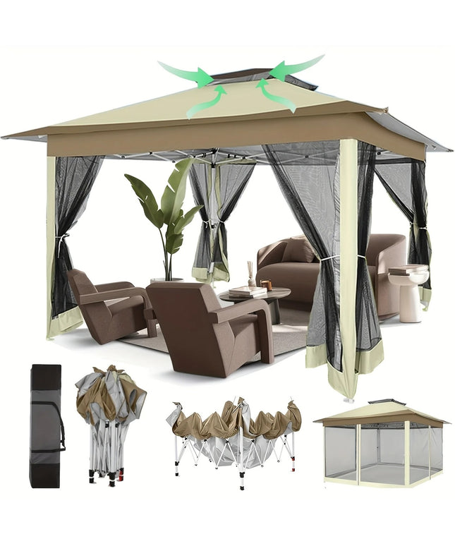 Chaki spalvos lauko pavėsinė 3.66x3.66 m su tinkleliais, UV apsauga, dvigubu stogu – šventinė palapinė sodui, kiemui, renginiams