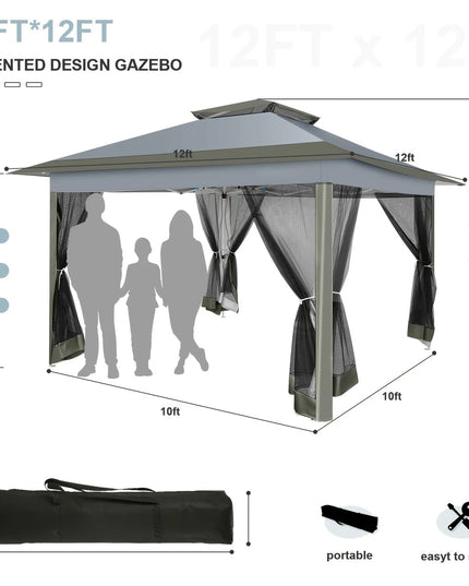 Chaki spalvos lauko pavėsinė 3.66x3.66 m su tinkleliais, UV apsauga, dvigubu stogu – šventinė palapinė sodui, kiemui, renginiams