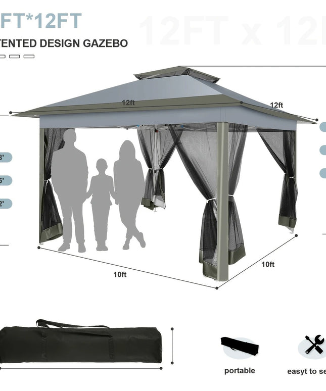 Chaki spalvos lauko pavėsinė 3.66x3.66 m su tinkleliais, UV apsauga, dvigubu stogu – šventinė palapinė sodui, kiemui, renginiams