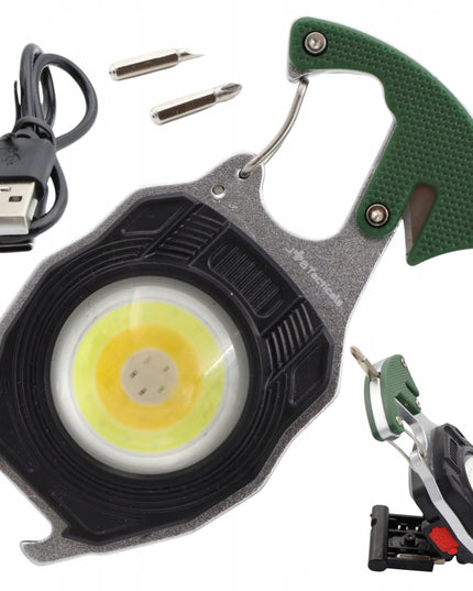 COB LED avarinis žibintuvėlis su karabinu 8-viename MINI MULTITOOL EDC išgyvenimo įrankis