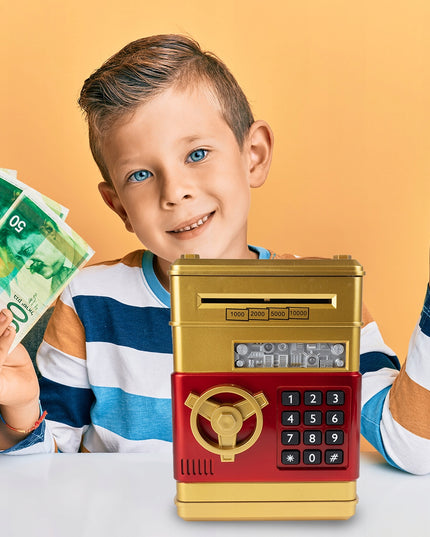 Elektroninė seifo tipo taupyklė vaikams, atidaroma PIN kodu, skirta banknotams ir monetoms