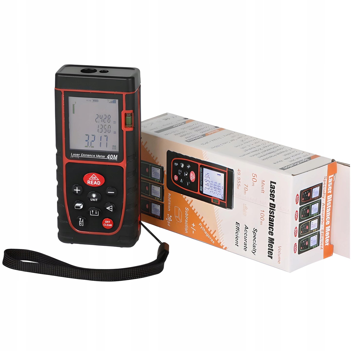 Lazerinis atstumo matuoklis skaitmeninis kampainis (inclinometras) matuoklis, gulsčiukas, atmintis 40m