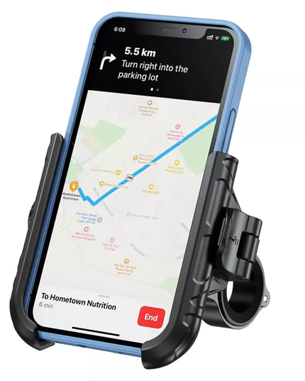 Motociklinis telefono laikiklis su antivibracine sistema, skirtas tvirtinti prie vairo, tinkantis motociklams ir dviračiams