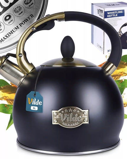 Tradicinis arbatinukas su švilpuku vandeniui virti ant dujinės ir indukcinės viryklės, juodas, 3L