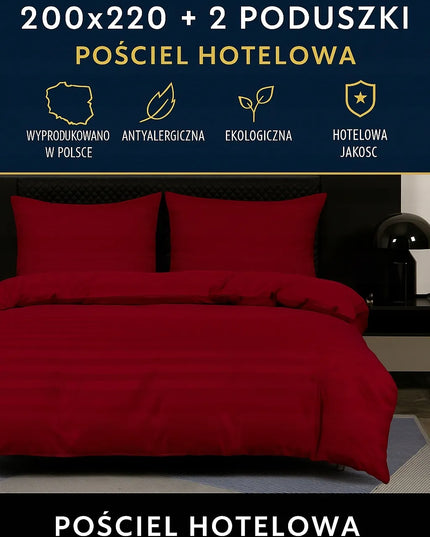 Damastinis patalynės komplektas 200x220 + 2 pagalvių užvalkalai, viešbučio stiliaus, raudona/bordo