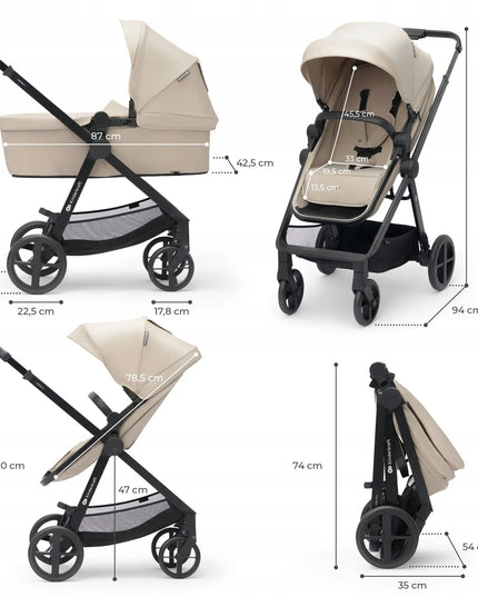 Daugiafunkcis vežimėlis 3-in-1 Kinderkraft NEWLY su nešiojamuoju lopšiu ir MINK PRO automobiline kėdute, smėlio spalvos