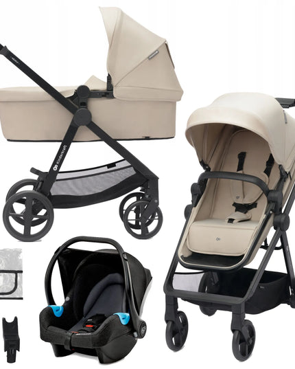 Daugiafunkcis vežimėlis 3-in-1 Kinderkraft NEWLY su nešiojamuoju lopšiu ir MINK PRO automobiline kėdute, smėlio spalvos