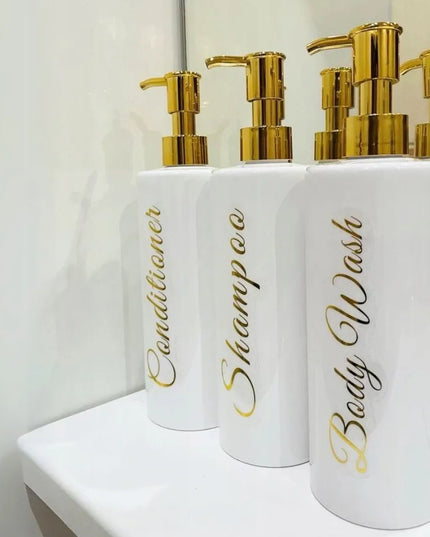 Daugkartinių dozatorių rinkinys 3x500ml šampūnui, geliui, kondicionieriui, baltai auksiniai SEOL