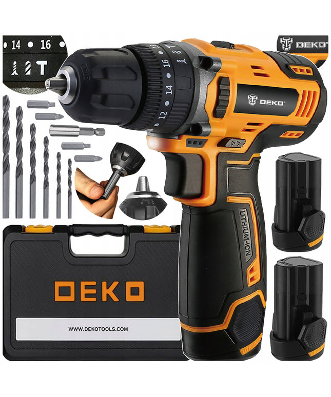DEKO DKCD12ID01 akumuliatorinis smūginis gręžtuvas-suktukas 12V su 2 baterijomis, grąžtais, antgaliais ir lagaminu